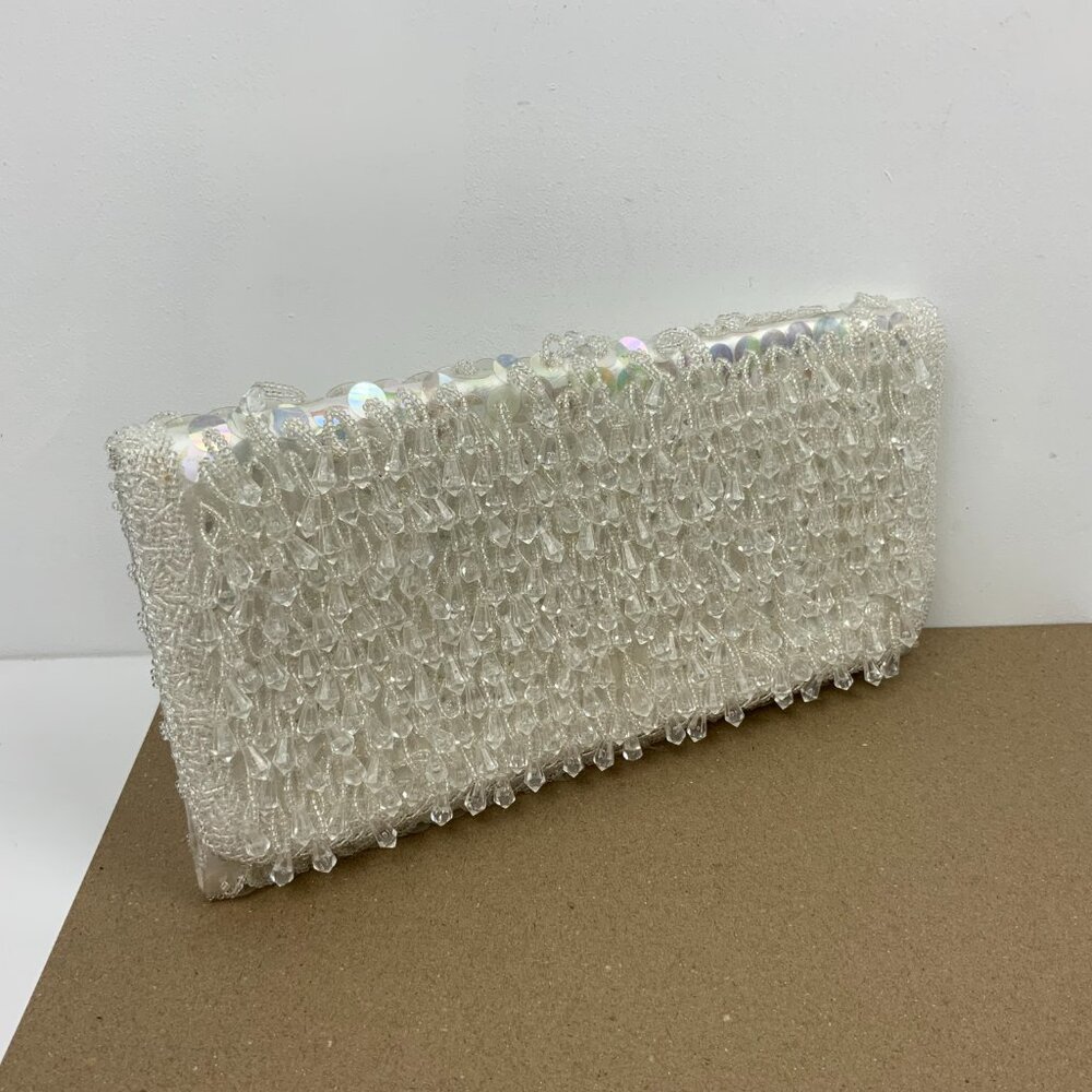 Vintage Handmade Whie Satin Party Wedding Bag Sequins & Dangling Faux Crystals